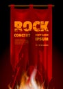 Rock band concert poster, on red vintage banner and guitar men silhouette on it. Editable layout template.