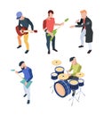 Rock band. Isometric musician people with instruments guitars drum and microphone vector rock concert characters