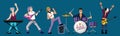 rock band. musicians group characters in action poses singers guitarist drummer. Vector rock concert