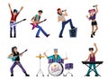 rock band. musicians with instruments on rock concert singers drummer vocalists guitarist. Vector cartoon people in