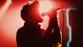 Rock Band Performing at a Concert in a Night Club. Portrait of a Lead Singer Singing into Micropho