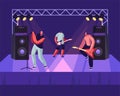 Rock Band Performing Musical Concert on Stage. Electric Guitarists and Singer Stand near Huge Dynamic on Scene, Artists Music