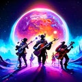 Rock band playing on the road in the moonlight. 3d rendering AI generated