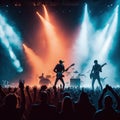 Rock Band Silhouette Music Concert Performance, Huge Crowded Stadium Arena Hall, Full Of Fans, Cheering Crowd, Neon Color Lights Royalty Free Stock Photo