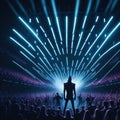 Rock Band Silhouette Music Concert Performance, Huge Crowded Stadium Arena Hall, Full Of Fans, Cheering Crowd, Neon Color Lights Royalty Free Stock Photo