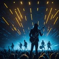 Rock Band Silhouette Music Concert Performance, Huge Crowded Stadium Arena Hall, Full Of Fans, Cheering Crowd, Neon Color Lights Royalty Free Stock Photo