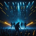 Rock Band Silhouette Music Concert Performance, Huge Crowded Stadium Arena Hall, Full Of Fans, Cheering Crowd, Neon Color Lights Royalty Free Stock Photo