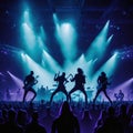 Rock Band Silhouette Music Concert Performance, Huge Crowded Stadium Arena Hall, Full Of Fans, Cheering Crowd, Neon Color Lights Royalty Free Stock Photo