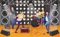 Rock band on the stage. Musical group cartoon vector illustration.