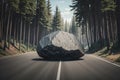 Rock blocks on road in forest. Generative AI