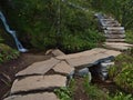 Rock bridge on hiking trail of stone constructed by Nepali Sherpas leading to mountain Reinebringen, MoskenesÃÂ¸ya, Lofoten.