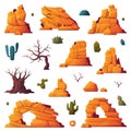 Rock, Cacti and Bare Trees as Desert Landscape Element Vector Set