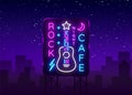 Rock Cafe Logo Neon Vector. Rock Cafe Neon Sign, Concept with guitar, Bright Night Advertising, Light Banner, Live Music