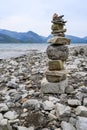 Rock cairn on the beach of Jackson Lake, Grand Teton National Park, WY Royalty Free Stock Photo