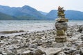 Rock cairn on the beach of Jackson Lake, Grand Teton National Park, WY Royalty Free Stock Photo