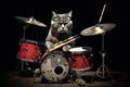 rock cat, sitting on drum set, with stick in paw and other instruments around Royalty Free Stock Photo