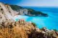 Rock Cliffs in front of Navagio beach Zakynthos. Shipwreck bay with turquoise water and white sand beach. Famous marvel