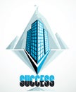 Rock climber as a concept of reaching goal of success behind of modern architecture business office building. Career concept.