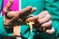 Rock climber bandages his fingers with a protection tape Royalty Free Stock Photo