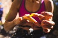 Rock climber bandages his fingers with a protection tape Royalty Free Stock Photo