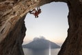 Rock climber on cliff. Kalymnos Island, Greece. Royalty Free Stock Photo