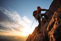 rock climber climbing forward at sunset, copy space Royalty Free Stock Photo