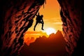 rock climber climbing uphill at sunset. Generative AI Royalty Free Stock Photo