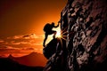 rock climber climbing uphill at sunset. Generative AI Royalty Free Stock Photo