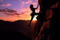 Rock climber in the evening a young woman of an overhanging cliff