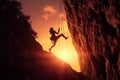 Rock climber in the evening a young woman of an overhanging cliff
