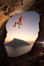 Rock climber falling a cliff while lead climbing Royalty Free Stock Photo