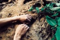 Rock climber hands climbing