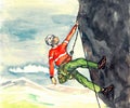 Rock climber hanging on rope on high rocky mountain, soft landscape background, hand painted watercolor