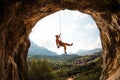 Rock climber hanging on a rope