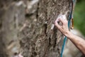 Rock climber`s hand gripping small hold on natural cliff Royalty Free Stock Photo