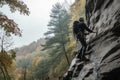 rock climber scaling vertical wall with backpack and ropes visible