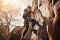 rock climber scaling vertical wall with backpack and ropes visible