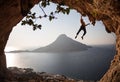 Rock climber at sunset. Kalymnos, Greece. Royalty Free Stock Photo
