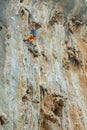 Rock climber on tufas climbing route in Kalymnos, Greece Royalty Free Stock Photo