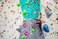 Rock climber young woman hanging on colored hooks on climbing artificial wall indoors of sport centre of Prague. Extreme Royalty Free Stock Photo
