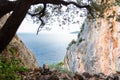 Rock climbers climbing cliff crag, Leonidio, Greece Royalty Free Stock Photo