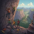 Rock climbers on a mountain ledge secured with ropes in a scenic canyon setting. Royalty Free Stock Photo