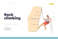 Rock climbing concept of landing page with active woman climb wall hanging on belay ropes