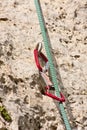 Rock climbing equipment - rope and quickdraw Royalty Free Stock Photo