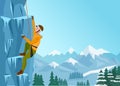 Rock Climbing man. Male on the ice rock. Winter extreme outdoor sports. Vector Illustration.