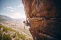 Rock climbing, rope and fearless mountain climber on a cliff, big rocks and risky challenge alone in summer Royalty Free Stock Photo