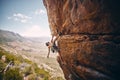 Rock climbing, rope and fearless mountain climber on a cliff, big rocks and risky challenge alone in summer