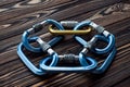 Rock climbing sports. Isolated photo of climbing equipment. Parts of carabiners lying on the wooden table Royalty Free Stock Photo