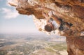 Rock climbing sports and man on mountain cliff for outdoor fitness, wellness goal or workout motivation. Adventure Royalty Free Stock Photo