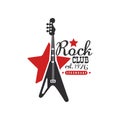Rock club logo, legendary est. 1976, design element with electric guitar can be used for poster, banner, flyer, print or